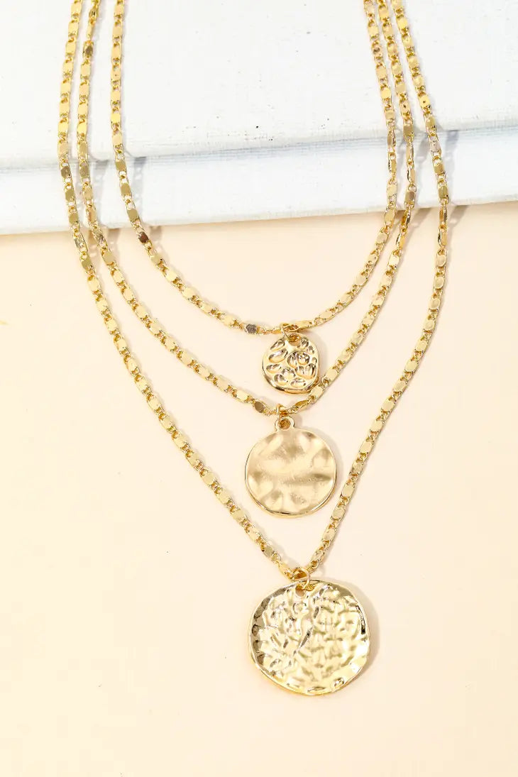 Layerd Chain Hammered Coin Pendant
